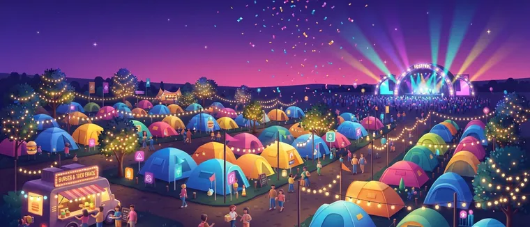 Campement de festival au coucher du soleil, guirlandes et scène au loin