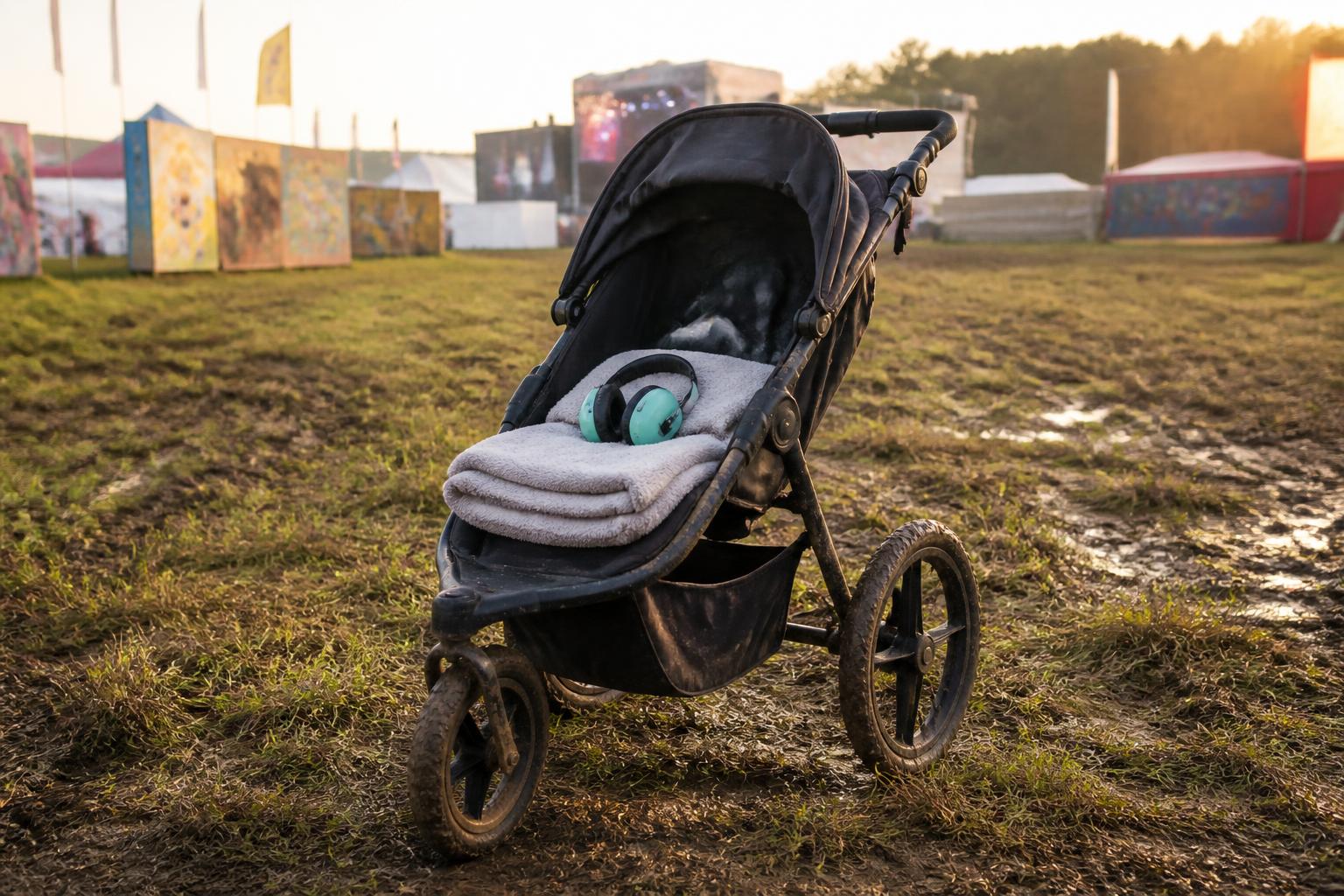 Une poussette à roues gonflables arrêtée dans l'herbe piétinée d'un terrain de festival, une couverture pliée sur le siège