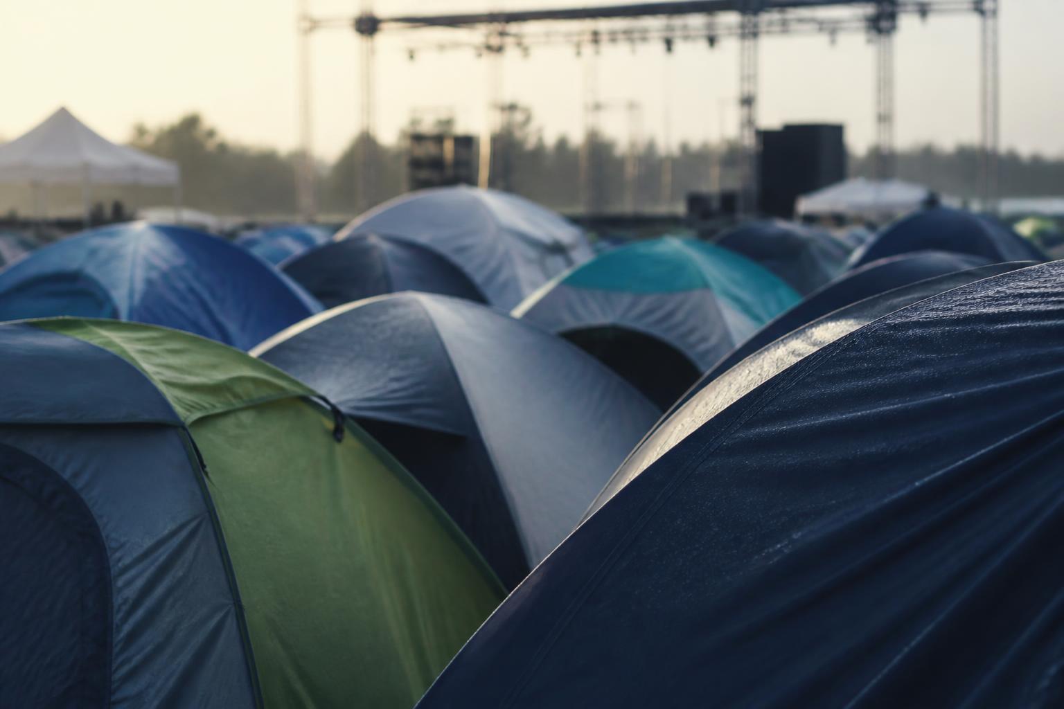 Des tentes de camping serrées les unes contre les autres au petit matin, avec les structures métalliques d'une scène de festival en arrière-plan.